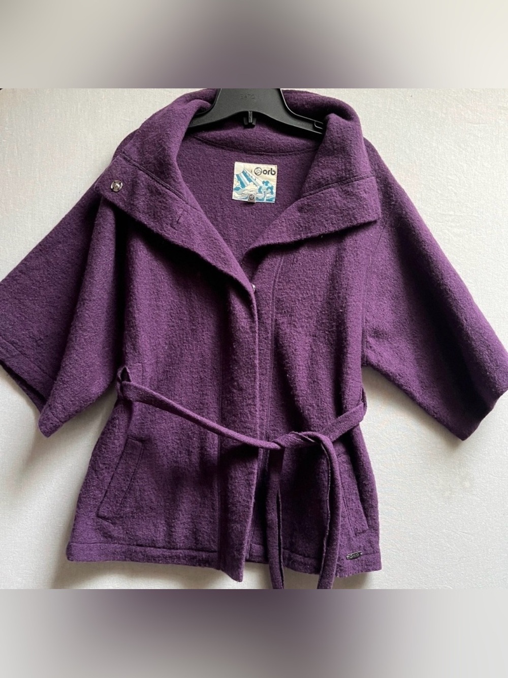 Orb Purple Wool Blend Belted Short Sleeve Cardi Jacket Size S